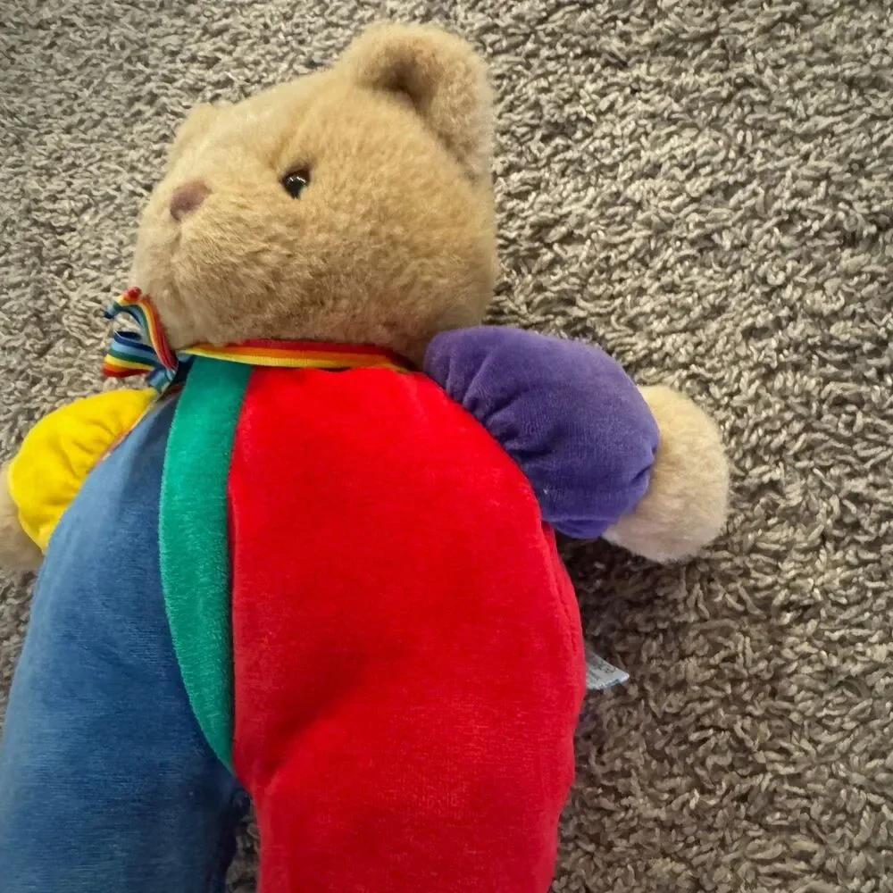 Vintage Eden Teddy Bear Plush Velour Primary Colors Rainbow Bow 13” Toy - RARE